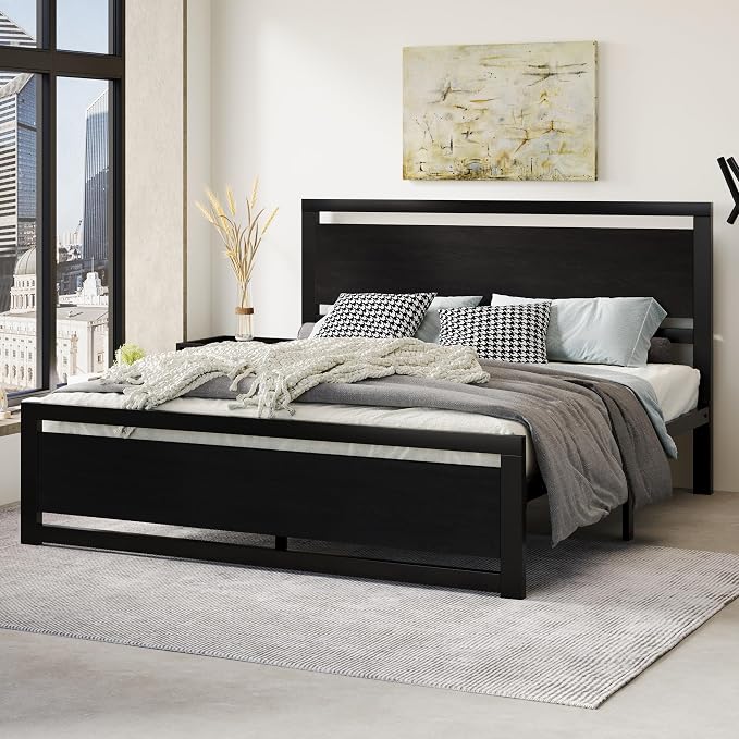 SHA CERLIN Heavy Duty King Size Bed Frame with Modern Headboard, Black | Platform Metal Base with Footboard and 13 Slats Support, No Box Spring Needed