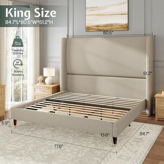 Jocisland King Size Bed Frame 51.2" Wingback Headboard Linen Upholstered Platform Bed,Solid Wood Legs & Wooden Slats,No Box Spring Needed,Noise-Free,for Family Master Suite Cozy Home,Brown