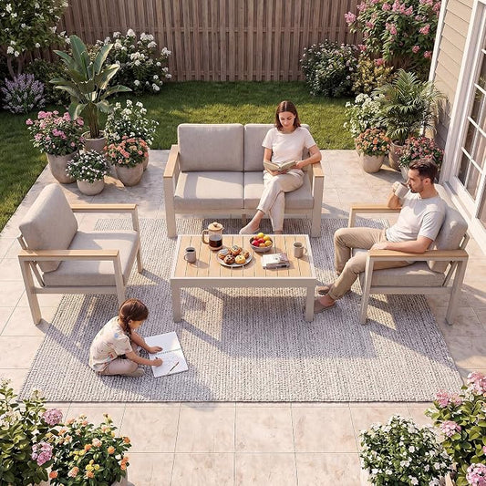 4-Piece 4-Seater Aluminum Patio Furniture Set, Outdoor Patio Table and Chairs Set with 2 Single Chairs+Loveseat+Coffee Table, 1.5mm Thick Rustproof Frame, Waterproof Washable Cushions for Porch Deck