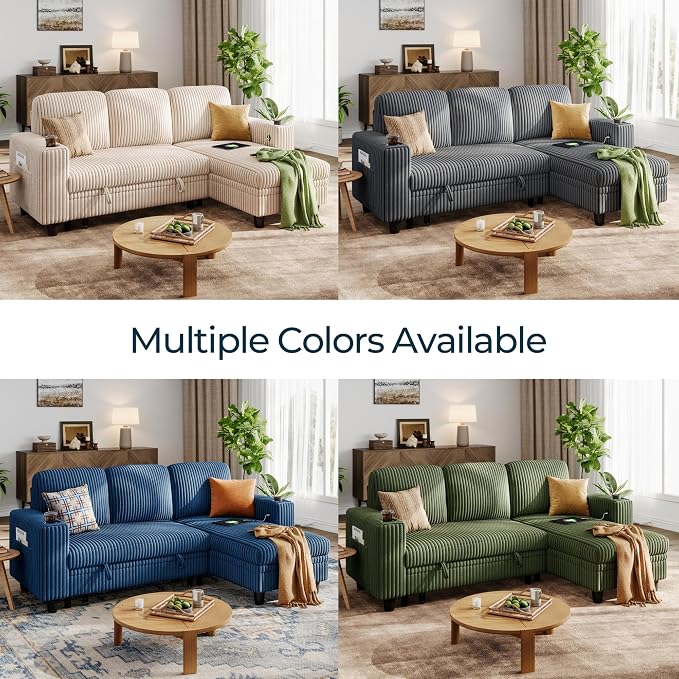 LINSY HOME Sectional Sleeper Sofa Pull Out Couches for Living Room (Green, Sleeper Sofa 1) | Pull Out Sofa Bed, Storage, USB Charging, Cup Holders, Plush Corduroy
