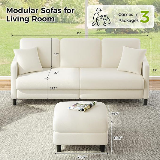 Welzona 83" Couches for Living Room, Teddy Sofa Couch with Storage Ottoman, L Shaped Couch with Movable Ottoman, Tool-Free Modular Sectional Sofa, All-Wood Sofas for Living Room 2 Pillows, Beige