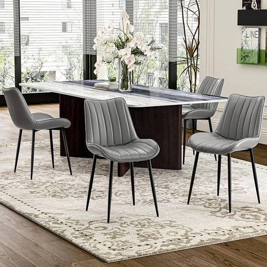 VECELO Dining Chairs Set of 4, Vegan Leather Fabric & Metal Frame, Mordern Style for Kitchen, Living Room,Offcie,Light Grey
