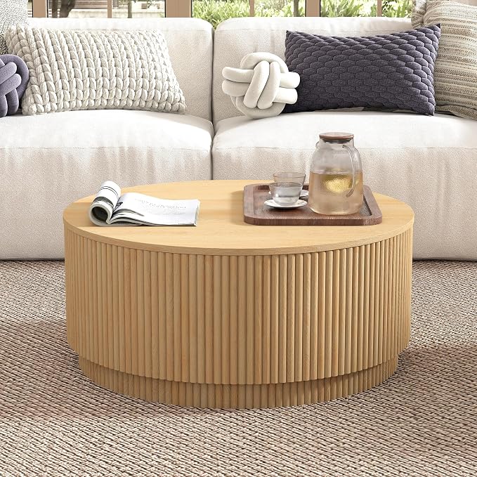 LEVNARY 31.5" Round Coffee Table with Storage, Boho Coffee Tables with Fluted Base, Wooden Circle Accent Center Table for Living Room Small Space Apartment Office (Natural)