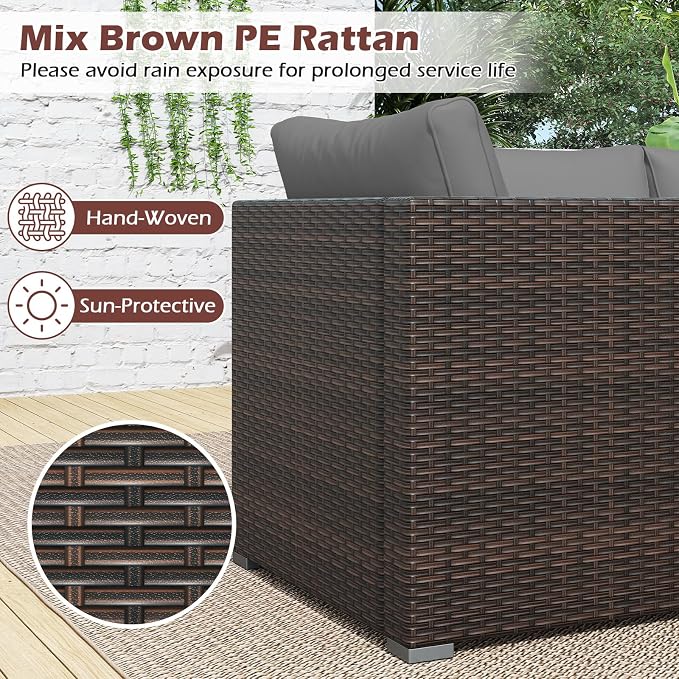 Tangkula 3 Seat Outdoor Wicker Sofa Set, Modular PE Rattan Patio Cushioned Sectional Couch Set, Outside Furniture Set for Deck, Backyard, Porch, Garden & Poolside (Brown-Grey)