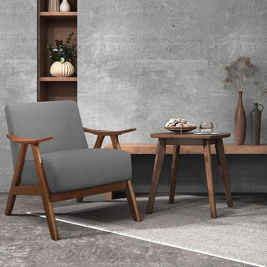 Lexicon Mid Century Modern Accent Chair with Solid Wood Frame in Walnut Finish, Upholstered Living Room Lounge Arm Chair, Thick and Comfy Innerspring Seat Cushion, Linen-Look Fabric, Gray