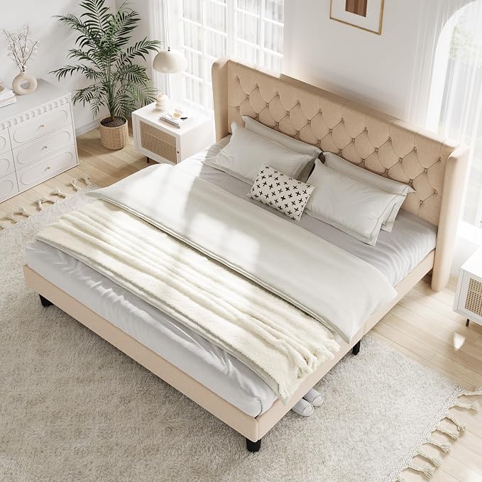 Allewie King Size Bed Frame with Button Tufted Wingback Headboard, Modern Upholstered Bed Frame with Solid Wooden Slats Support - No Box Spring Needed, Easy Assembly, Beige