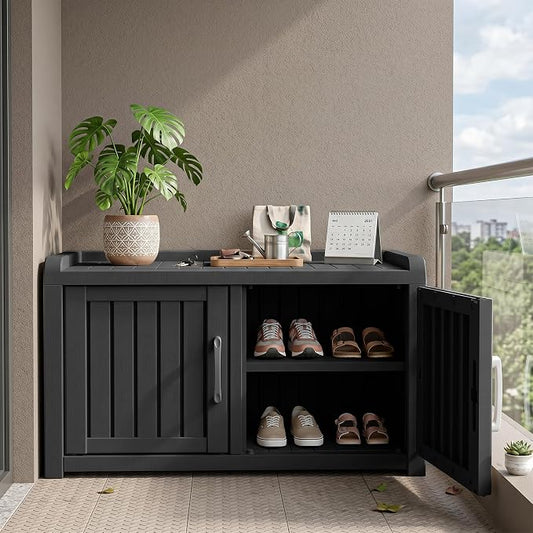 ROJIK Shoe Cabinet Waterproof UV-Resistant,Storage Bench Indoor Outdoor with Adjustable Shelves,for Entryway Bedroom,Hallway,Living Room(Double Door,Black)