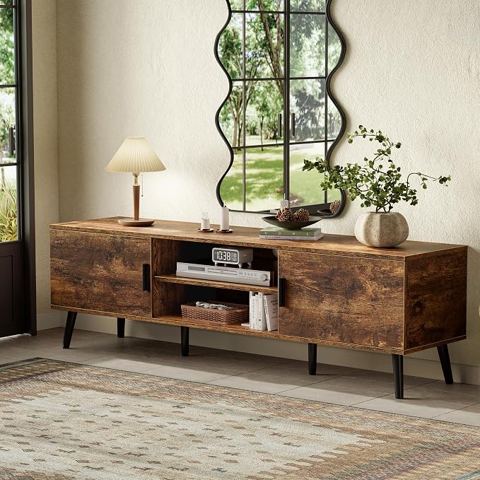 SUPERJARE TV Stand for 55, 65 Inch TV, 63 Inch Entertainment Center with Adjustable Shelf, 2 Cabinets, TV Console Table, Media Console, Solid Wood Feet, 4 Cord Holes, for Living Room, Rustic Brown
