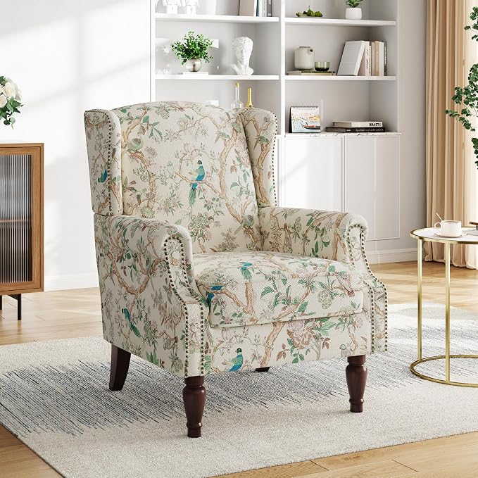 Pia Ricco Set of 2 Floral Accent Chairs, High Back Upholstered Armchairs with Retro Wingback Design, Nailhead Trim & Solid Wood Legs for Living Room Bedroom(Bird Pattern)