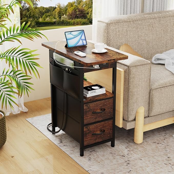 Yenlure Small Side Table with Charging Station, Narrow Nightstand Bedside Tables with Storage Pocket for Living Room Bedroom, Sofa End Table with USB Ports and Power Outlets for Small Spaces