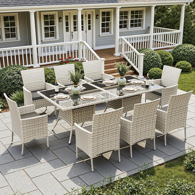 10-Piece Patio Dining Set, Patio Furniture Set with Square Tempered Glass Table & 8 Wicker Chairs, Expandable Design for Larger Groups, Outdoor Furniture for Backyard, Deck, Garden, Dark Grey