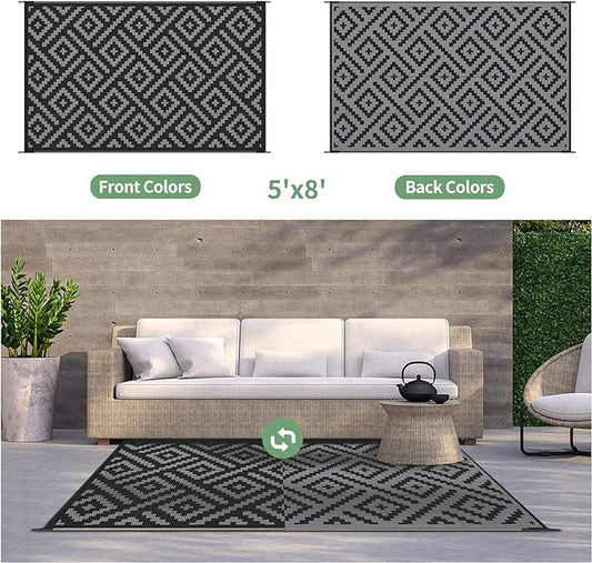 GENIMO Outdoor Rug for Patio Clearance,5'x8' Waterproof Mat,Reversible Plastic Camping Rugs,Rv,Porch,Deck,Camper,Balcony,Backyard,Black & Gray