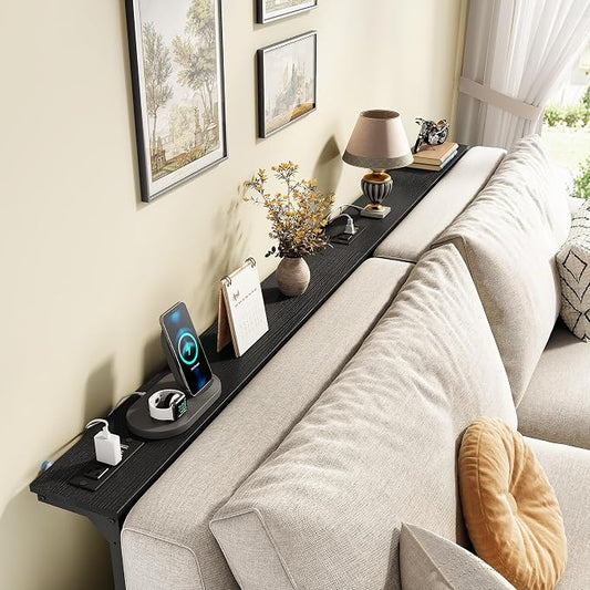 Kitstorack Narrow Sofa Table with Charging Station, 78.8" Behind Couch Table, Adjustable 24.4"-32.7" Height, Modular 2-piece Design for sectionals, entryways, Apartments, and Narrow Living Spaces