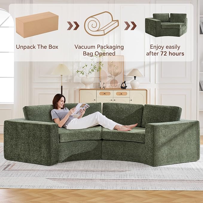 WUTUTUEE 119'' Curved Round Boneless Sofa, Oversized Modular Sectional Sofa with Deep Seat & Arms, Chenille Memory Foam Sofa with Pillows, Upholstered Comfy 4 Seat Couch for Living Room, Green