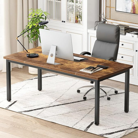 DlandHome Computer Desk, Large Executive Office Desk Computer Table Study Writing Workstation for Home Office,70.8 x 31.5 inch,Retro