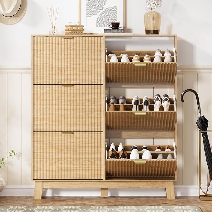 HUANLEGO Shoe Cabinet Storage for Entryway with 6 Flip Drawers, Fluted Narrow Shoe Organizer with Wooden Legs, Freestanding Slim Shoe Storage Hidden Shoe Rack Organizer for Front Door Entrance, Oak