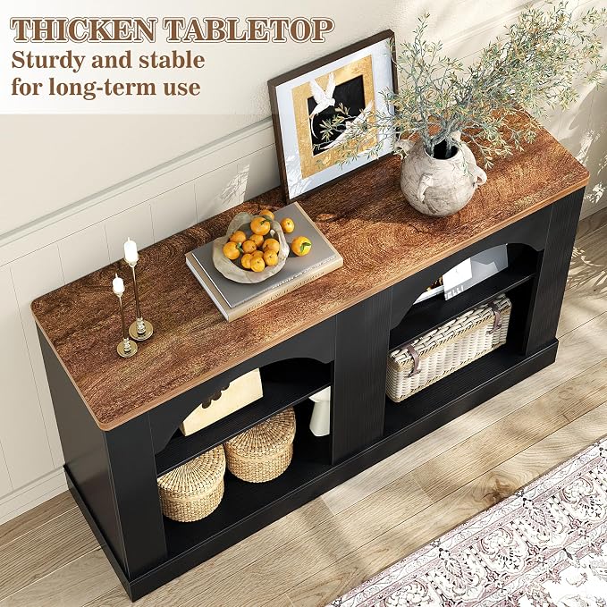 Unikito Arched Entryway Table with LED Lights, 47" Farmhouse Console Table with Adjustable Shelves, Sofa Table Behind Couch, Sideboard Buffet Storage Cabinet for Entrance/Hallway/Living Room
