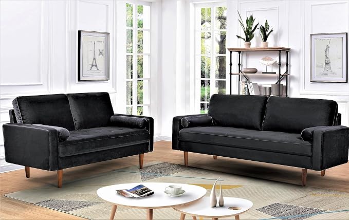 Container Furniture Direct Velvet Tufted Sofas for Living Room, Classic Mid-Century Style with Modern Silhouette, Button Tufting and Wood Legs, Includes 2 Bolster Pillows, Loveseat, Black