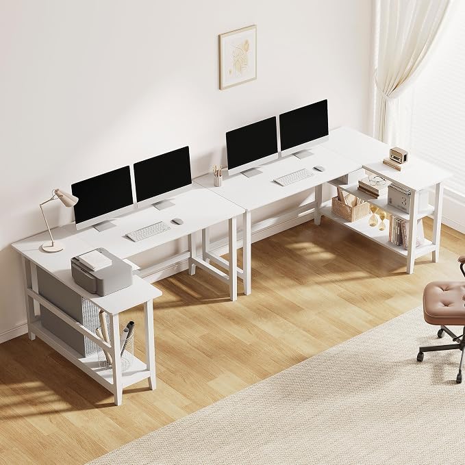 IOTXY Reversible L-Shaped Office Desk - 53" Modern Corner Computer Table with Storage Shelves, Solid Wood Legs, Home Writing & Study Workstation, White