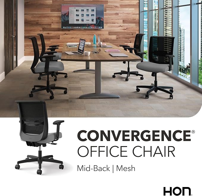 HON Convergence Ergonomic Office Chair with Mesh Back, Adjustable Arms, Lumbar Support, Synchro‑Tilt Desk Chair with Wheels for Home Office or Computer Use, Black Frame, Frost
