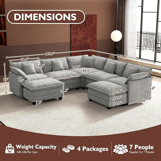 Ihanherry 114" V-Shaped Modern Sofa Modular Sectional Cloud Couch with 2 Ottoman, 7-Seat Chenille Deep Seat Sofa with Corner Section for Living Room, Bedroom and Apartment, Grey