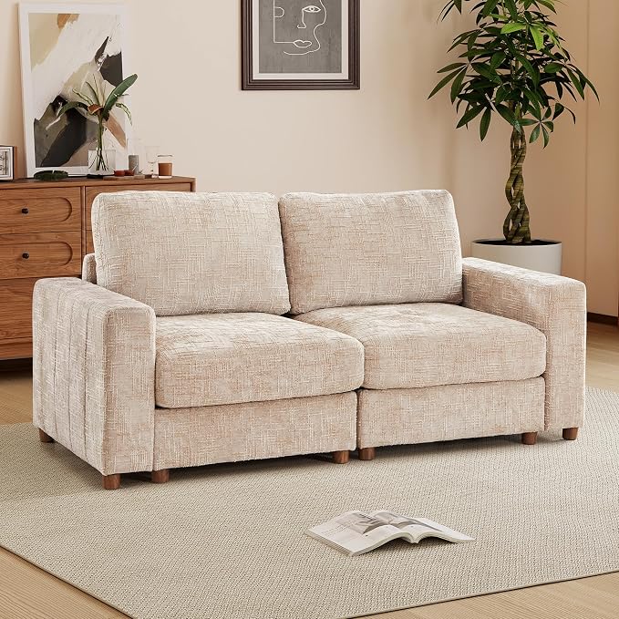 ORRD Comfy Loveset Couch, Chenille 2 Seat Sofa with Pillows, Modern Loveseat Sofa with Storage for Apartment, Living Room, Beige