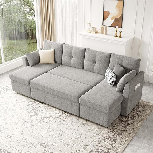 Huatean Home Oversized Pullout Couch Bed, 110 inch 2 in 1 Sleeper Sofa Couch for Living Room, Sectional Sleeper Sofa Bed with Double Storage Chaise, Side Pockets, Light Grey