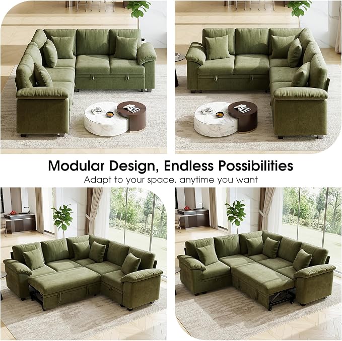 Sectional Sleeper Sofa with Pull Out Bed, 86" L Shaped 5 Seat Couch with 151L Storage, Convertible Cloud Couch Bed, Modular Sectional Couches for Living Room, Apartment (Green)