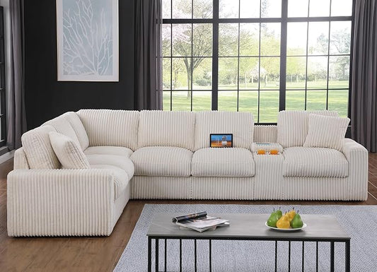 Ball & Cast 127" Modular Sectional Sofa,Modern Oversized Cloud Couch with Cup Holder&USB Port,7 Seat Convertible L-Shaped Corduroy Sofas W/Ottoman,Pillows&Storage Box,Comfy Couch for Living Room,Beige