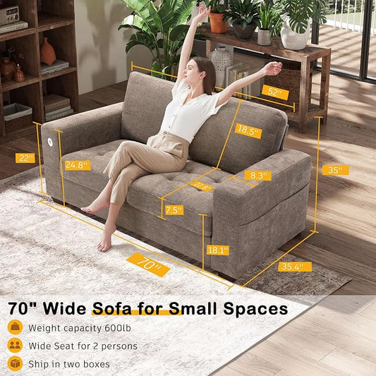 Hanherry 70" Loveseat Sofa for Living Room, Modern Comfy Couch with Medium Firm Seat Cushion, Removable Cover,Wide Armrest,USB/Type-C Port,Chenille Fabric Couches for Small Space,Apartment,Bedroom
