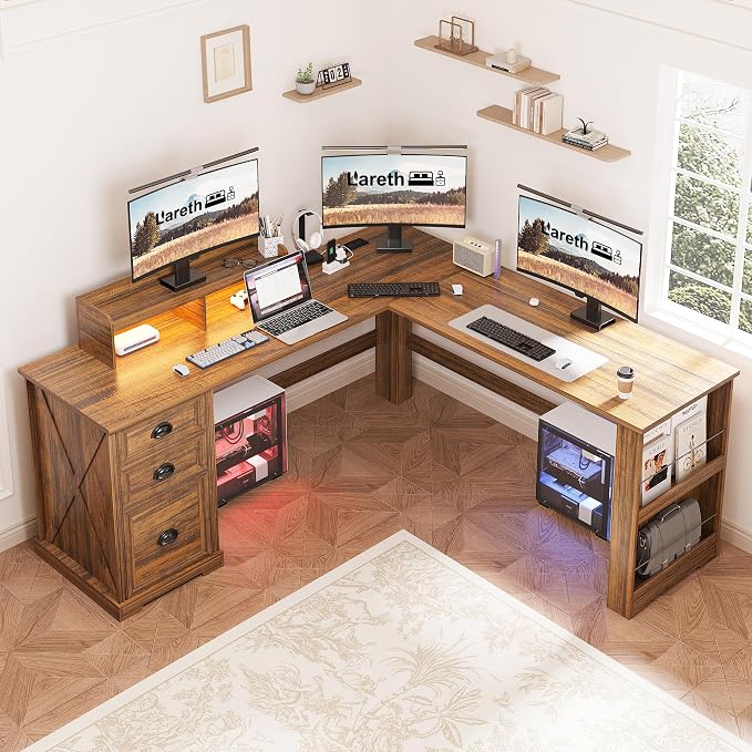 Lareth Executive L Shaped Desk with Monitor Stand, 59 inch Farmhouse Corner Computer Desk with Power Outlets & LED Lights, Home Office Desk with File Cabinet for Working Gaming Writing, Dark Walnut