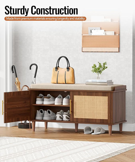 Akxomel Rattan Shoe Storage Bench with Cushion, 2-Tier Entryway Bench with Adjustable Shelves and 2 Doors, 15" D x 39.4" W x 20" H, Solid Wood Legs, for Hallway, Living Room, Bedroom, Walnut