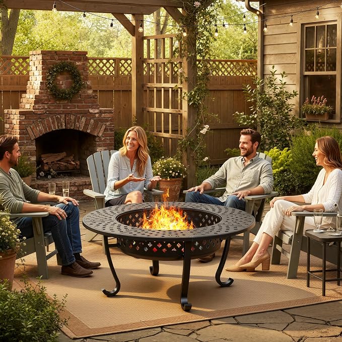 Wisteria Lane 3 in 1 43" Extra Large Fire Pit for Outside Wood Burning with 2 Adjustable Grills, Outdoor Fireplace with Lid and Fire Poker, BBQ & Bonfire & Round Metal Table for Patio, Backyard