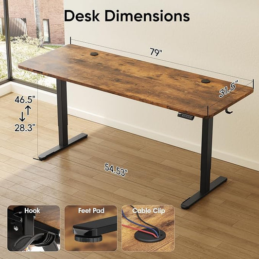 Monomi Large Electric Standing Desk 79" - Height Adjustable Sit Stand Desk with 178 lbs Load Capacity, 3 Memory Presets, Quiet Motor & Anti-Collision for Home Office (Rustic Brown)