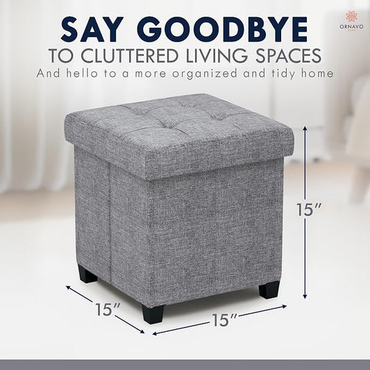 Ornavo Home Storage Ottoman with Legs, Square Cube Foot Rest Stool Seat, for Living Room, Bedroom, Home Office, Dorm - 15 x 15 x 15, Gray