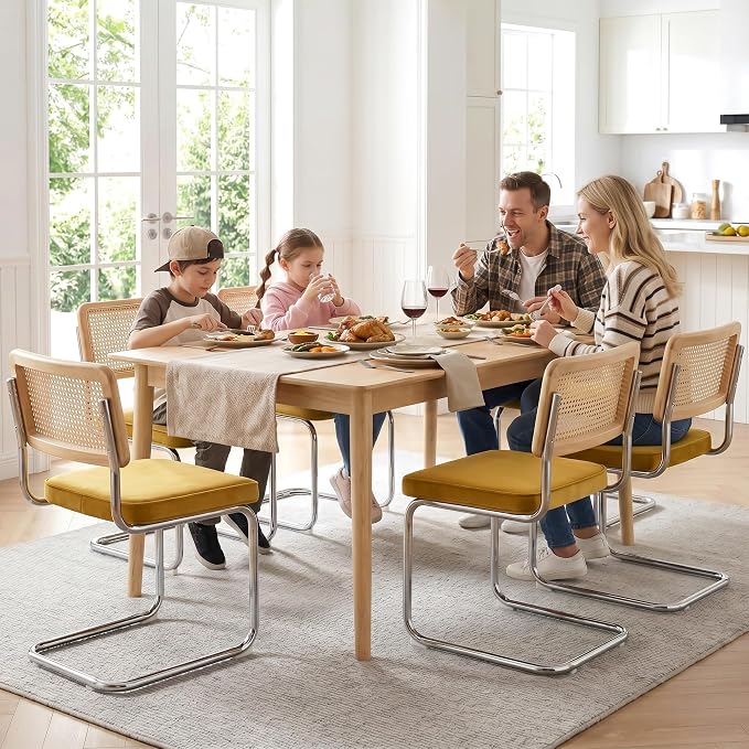 Zesthouse Rattan Dining Chairs Set of 6, Mid Century Modern Dining Room Chairs with Natural Cane Mesh & Chrome Base, Yellow Velvet Cesca Chair, Farmhouse Kitchen Chair with Solid Wood Frame Back