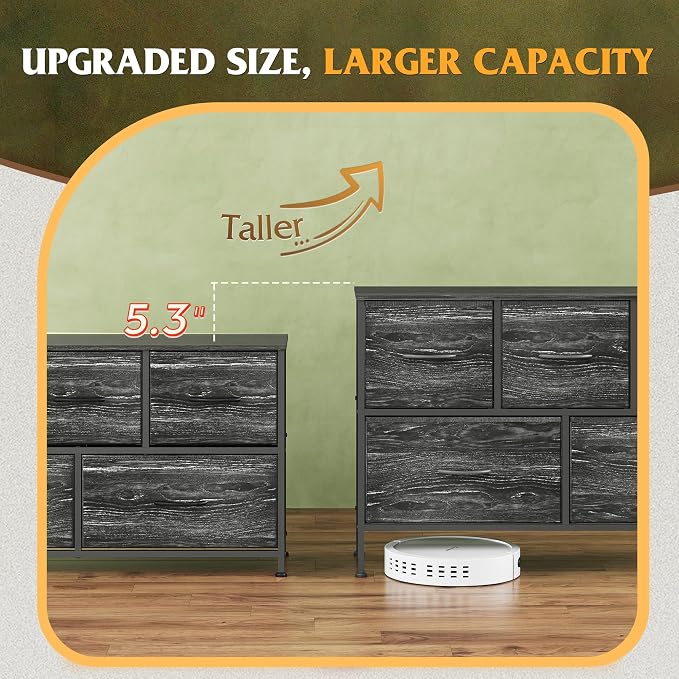 WLIVE Dresser for Bedroom with 5 Drawers, Long Storage Dresser, Fabric Dressers, Storage Drawer Unit with Fabric Bins for Closet, Hallway, Charcoal Black Wood Grain Print, Size L
