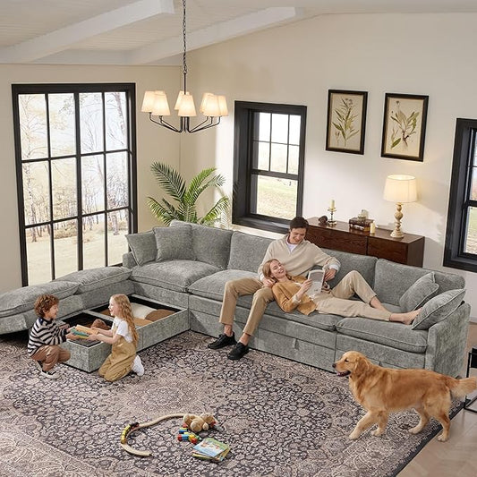 Ihanherry 135” Modular Sectional Sofa with Storage, U Shaped Cloud Couch with Movable Ottomans & 4 Pillows, Chenille Deep Seat Sectional Couches for Living Room, Apartment (Grey)