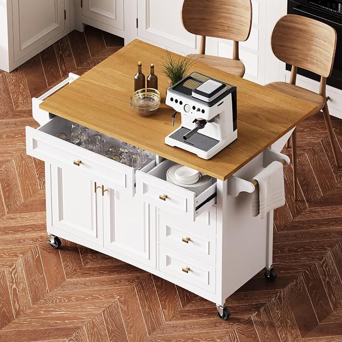 Large Kitchen Island with Rubber Wood Drop Leaf, Rolling Kitchen Cart with Ample Storage on Wheels with Doors and Drawers, Embossed Texture for Dining Room (52Inch, White, Golden Handle)