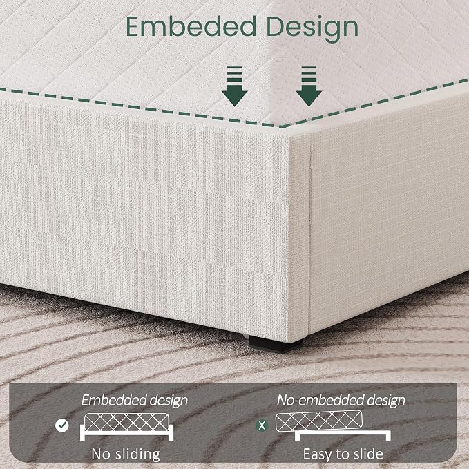 LARMACE Queen Size Bed Frame with 4 Storage Drawers and Wingback Headboard Linen Upholstered Platform Bed Frame with Wooden Slats, Easy Assembly, White