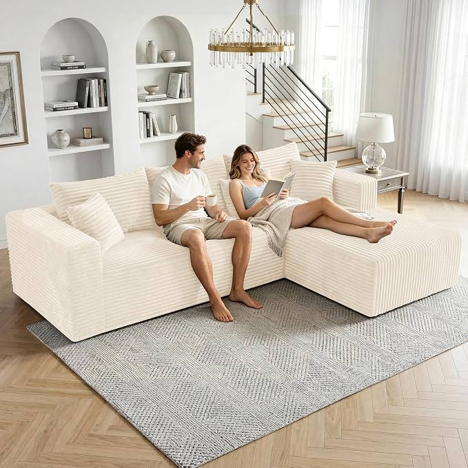 92.5" Cloud Sectional Boneless Couches for Living Room, Modular L Shaped Couch with Deep Seat Oversized Right Facing Chaise, Memory Foam Compressed Spineless 3 Seater Sofa for Apartment