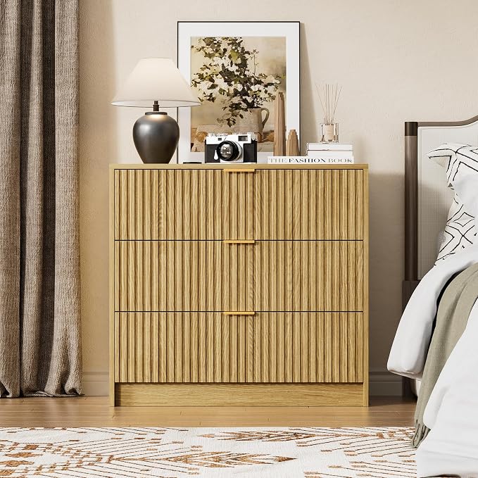 Furniway 3 Piece Bedroom Set, 9 Drawer Dresser and 3-Drawer Nightstand Set of 2 with Gold Handles, Mid-Century Modern Wood Chest of Drawers Storage Cabinet for Bedroom, Natural Oak