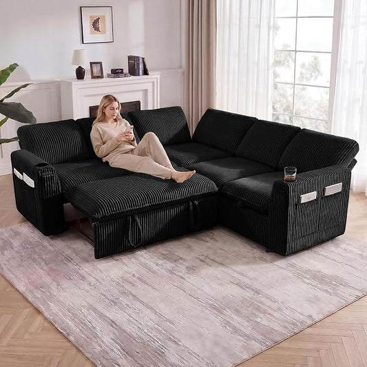 Sectional Sleeper Sofa with Pull Out Bed, Plush Corduroy 5 Seat Modular Sectional Sofa with Storage Chaise and Adjustable Backrest, Cloud Couches for Living Room, Apartment, Black