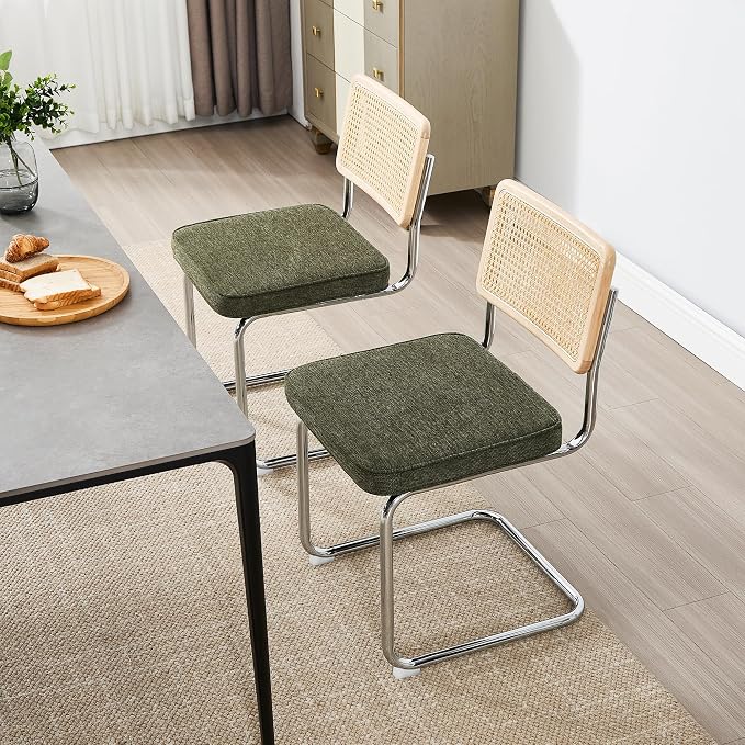 Zesthouse Natural Rattan Dining Chairs Set of 6, Mid Century Modern Dining Chairs with Solid Wood Back & Chrome Base, for Kitchen Living Room, Breuer Design Inspired, Upholstered Linen Fabric, Green