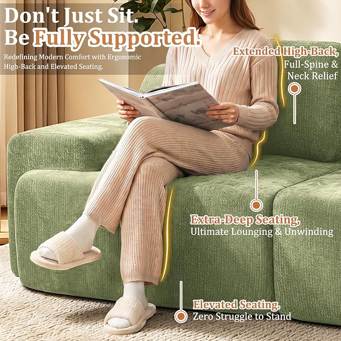 122" L-Shaped Modular Sectional Sofa, Oversized Boneless Cloud Couch for Living Room with Extra Deep Seat & High Back, Tool-Free No Assembly, Soft Chenille (Olive Green, 122 inch-L Shaped(3+1))