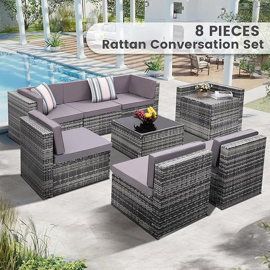 KROFEM 8-Piece Patio Furniture Set, Outdoor Wicker Rattan Sectional with Thick Cushions, Glass Top Table with Hidden Storage, Outdoor Conversation Set for Backyard, Porch, Patio, Grey
