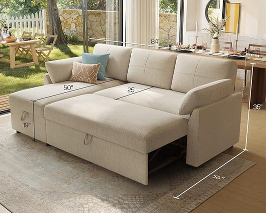 PaPaJet Sofa Bed, Sleeper Sofa with Storage Chaise, L Shaped Sofa with Pull Out Bed, Oversized Sofas for Living Room, Beige