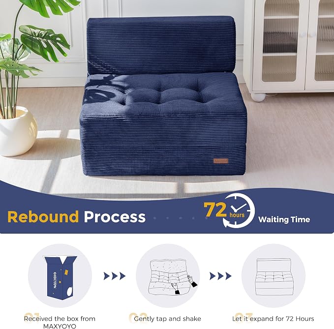 MAXYOYO 8" Folding Sofa Bed, Fold Out Chair Bed, Convertible Floor Sofa Couch, High-Density Foam Tufted Lounge Couch for Living Room Bedroom Dorm, Single, Navy