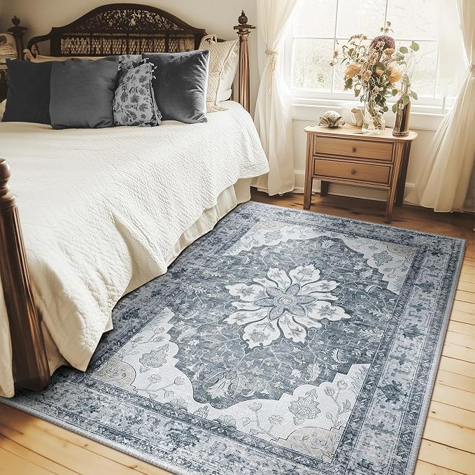 RELEANY Area Rugs 4'x6' Washable Non-Slip, Floral Vintage Distress Medallion Carpet for Living Room Bedroom Dining Room, Light Gray Grey White