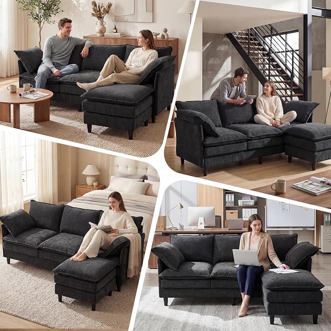 3 Seater L-Shape Couch Sofa with Ottoman, 69" Small Couch Modern Comfy Cloud Chenille Sofa 23" Deep with Washable Pillow Cover Couches for Living Room Bedroom Apartment Office 69-Black-L